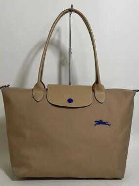 Beige Nylon & Leather Trim Medium Tote Shoulder Bag